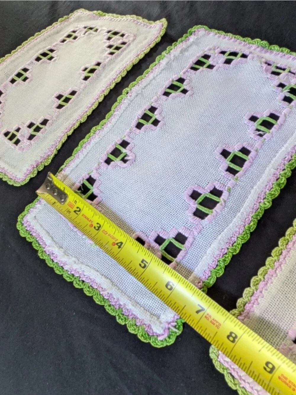 Vtg Doily Dresser Scarf Set of 3 Crochet Edge Embroidered Cut Outs White Linen